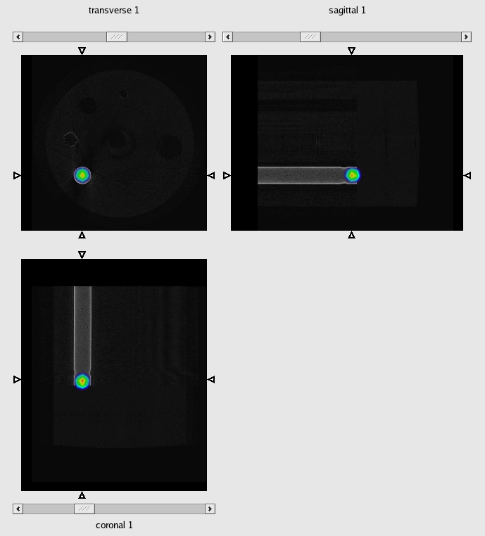 Simoultaneous acquisition of PET/CT data of a Ge-68 point source in a water phantom.